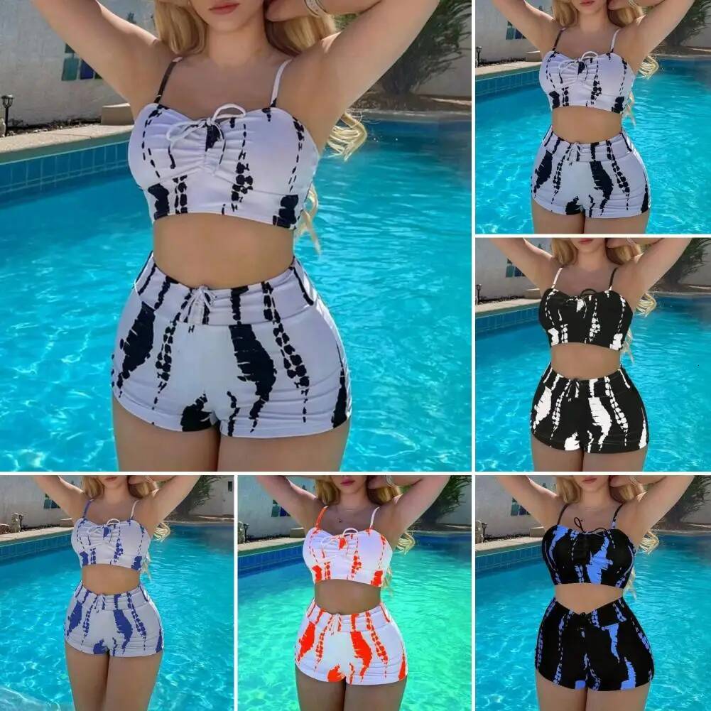 Swimsuit Stylish Lace-up Bikini Set with Push Up Design High Waist Elastic Band Women Contrast for Beachwear