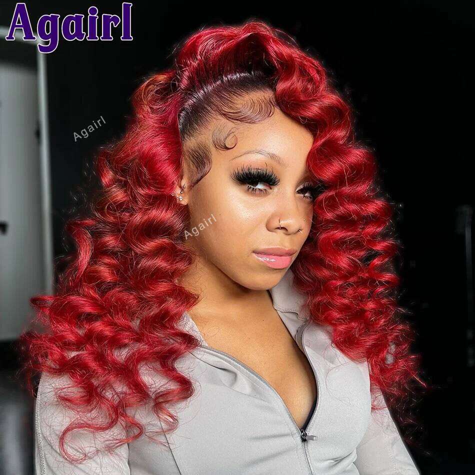Bury 99J Human Hair Ready To Wear Pre Plucked Loose Curly Colored For Women 1B/Red Lace Frontal Wigs