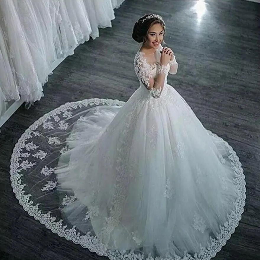 Vestidos De Noiva 2025 Elegant A Line Long Sleeve Wedding Dress Tulle Appliques Beaded Princess Lace Wedding Gowns Robe De Mariee