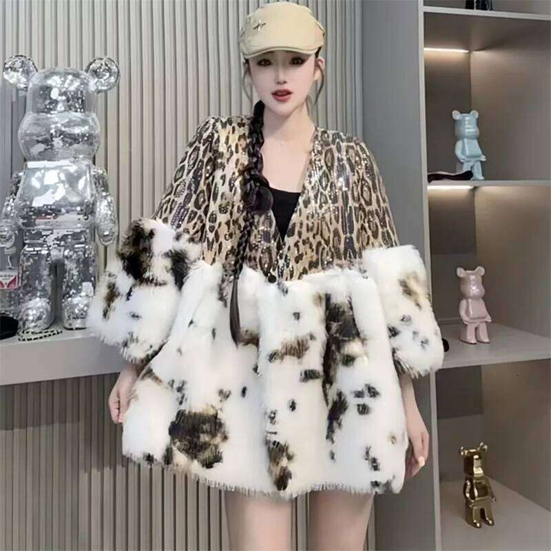 Faux Mink Fur Coat for Women,Leopard Print Spliced Jacket,Thick Warm Clothes,High Quality,Autumn and Winter,2024