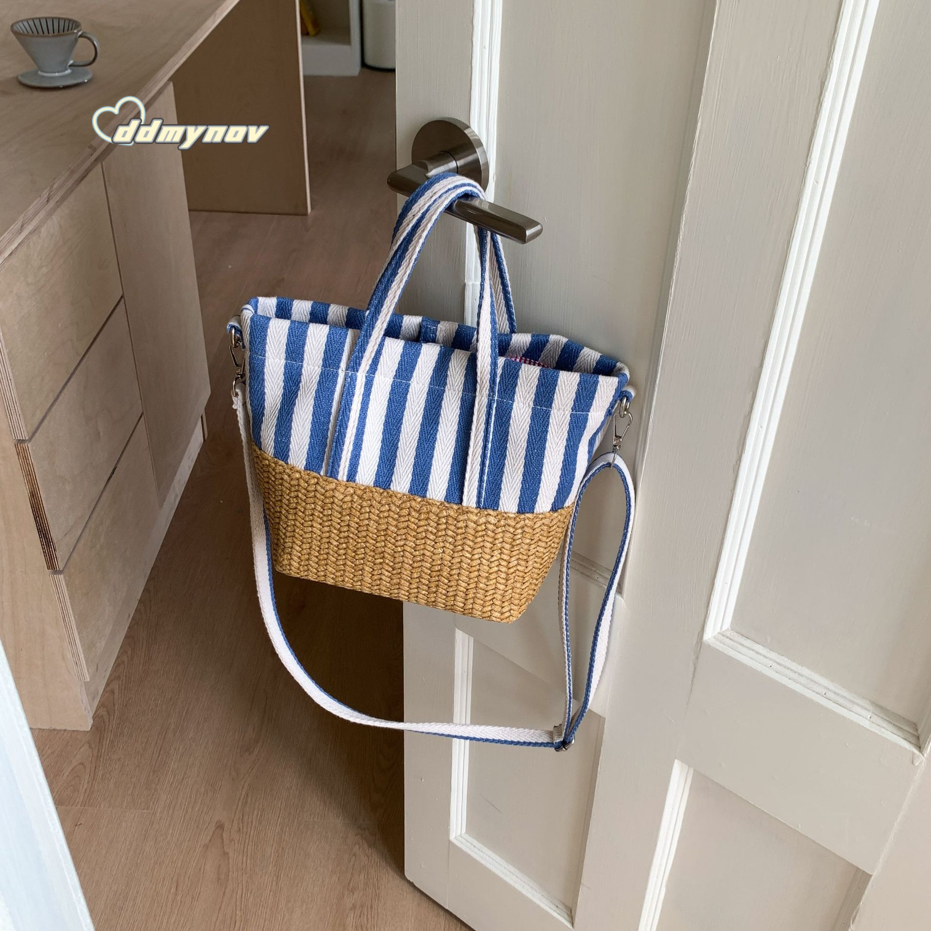 Niche Plaid Woven Canvas Fashion Tote Large Capacity Patchwork Casual Shoulder Crossbody Bag ddmynov