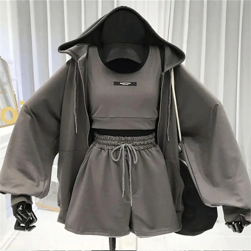 Casual 3 Piece Sets Women VestShortsHooded Zipper Jacket Sportswear Suits Solid Color Sports Tracksuit Women chandals mujer 250609