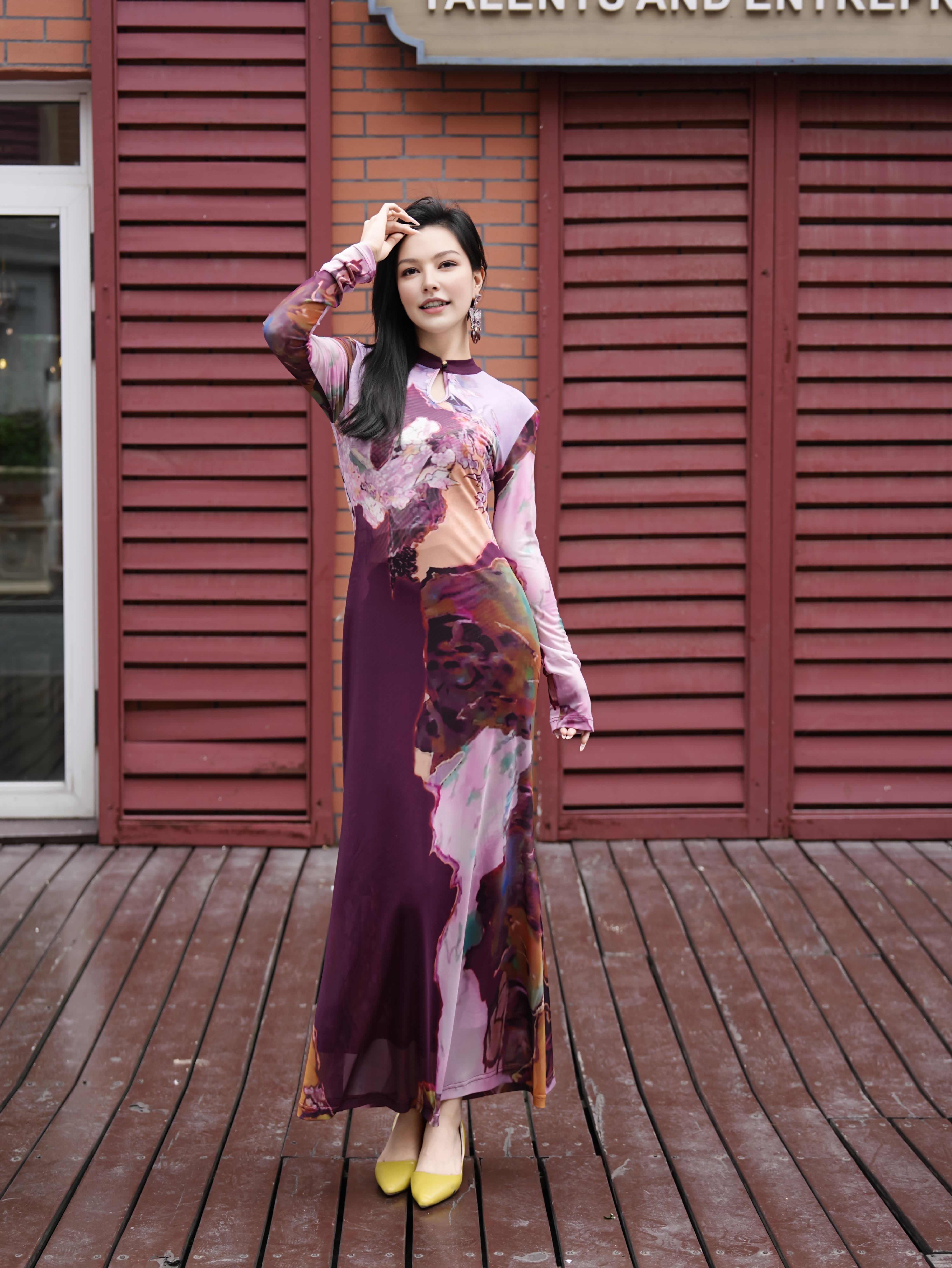 HZHJ original designer style red purple ink shadow dress, French slimming, high-end western-style, light luxury