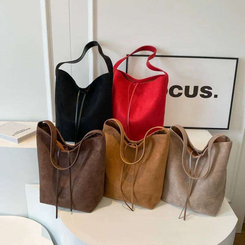 Vintage Brown Black Faux Suede Bucket Design Women's Solid Color Large Capacity Shoulder Purse Totes Bag Composit