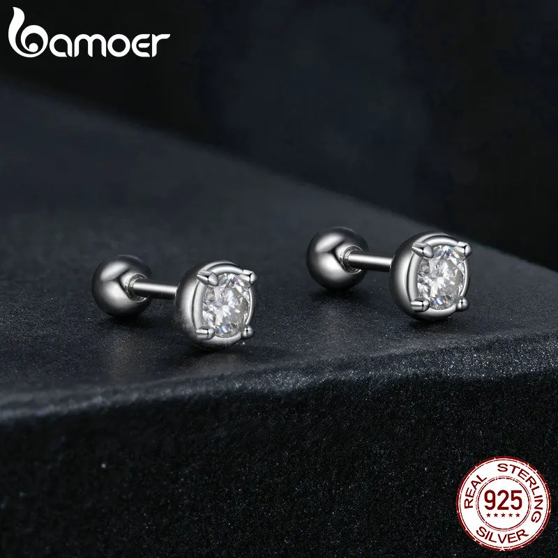 BAMOER Diamond 925 Sterling Silver Bezel Setting Moissanite Stud Earrings Round Cut Lab Diamond Earrings for Women Wedding Jewelry Gift Romantic MSE04