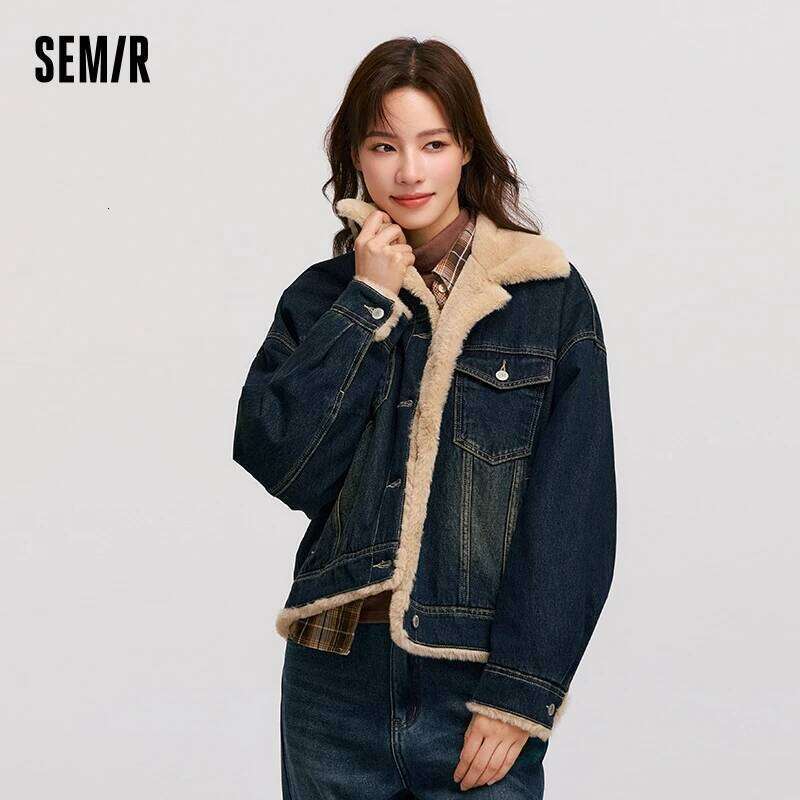 Semir Denim Women Patchwork Imitation Rabbit Fur Lapel Loose 2024 New Winter Quilted Jacket