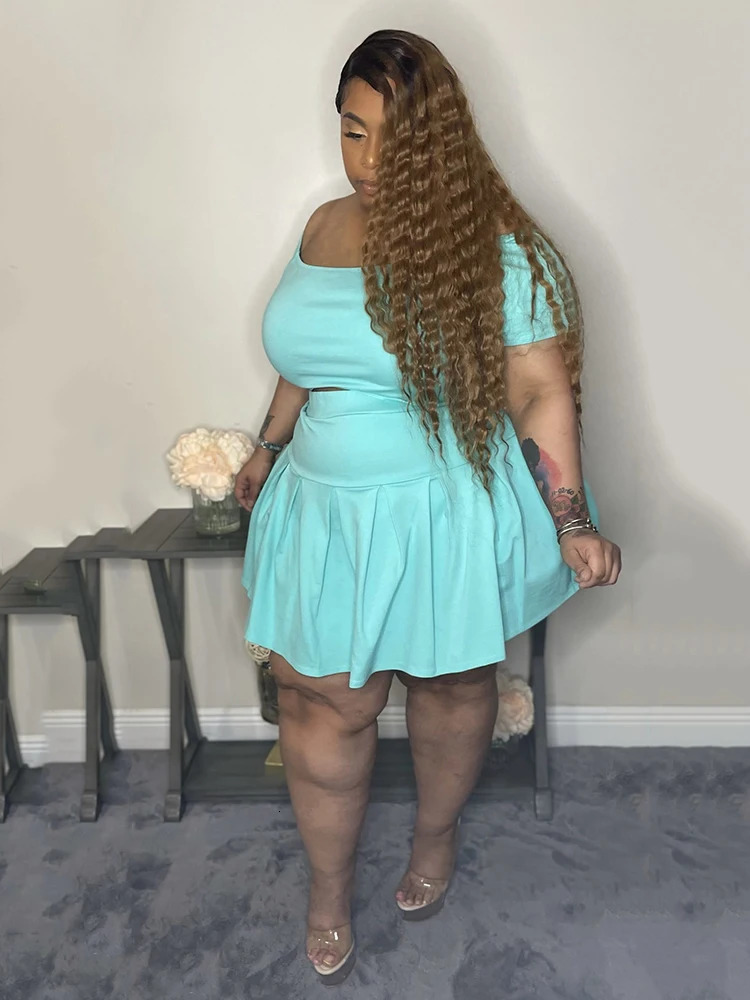 5xl Plus Size Women Clothing Wholesale Summer Outfits Crop Tops and Pleated Skirt Tracksuit Sweet Dress Suits Drop 250609