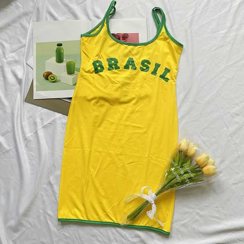 2024 Suspender Dress Women Beach Casual Short Dress Yellow Brasil Printed Long T Shirt Loose U Neck Sexy Summer Sling Mini Robe XJ250610
