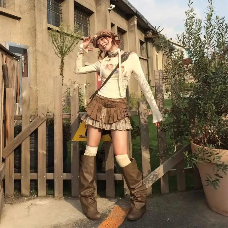 Womens Patchwork Aline Pleated Skirt Vintage Y2k Style Mini Harajuku Korean 2000s Chic Clothes Summer 250515
