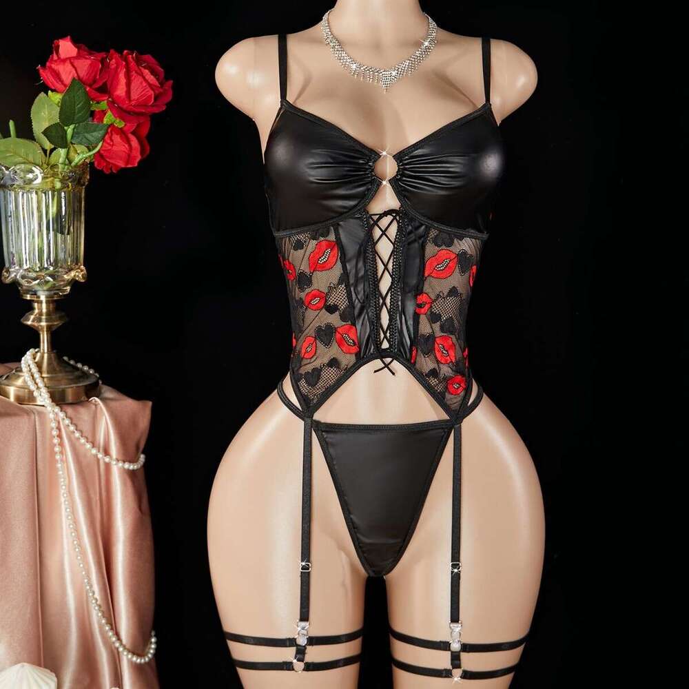 Spell Lingerie Porn Suits Patent Leather Lace Embroidery Patchwork Sexy Lingerie Temptation Binding Passion Flirting Set Sexy Lingerie