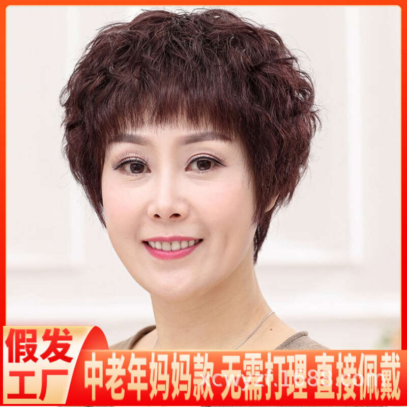 Realistic Women Fashion Short Curly Hair Full Wig for Middle-aged and Elderly Mothers