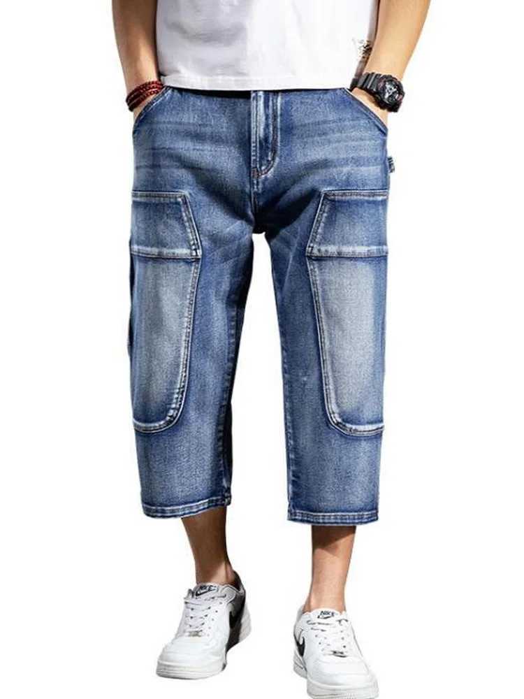 Mens Baggy Denim Shorts Fashion Streetwear Hip Hop Skateboard Cargo Hole Jeans Male Calf-Length Pants M250610
