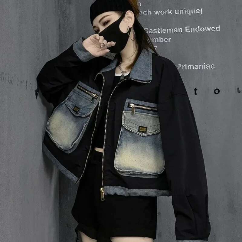 Women's Fashion Pocket Contrast Color Standing Collar Jacket Clip Cotton Thickening European Long Sleeve Denim Splicing Coat