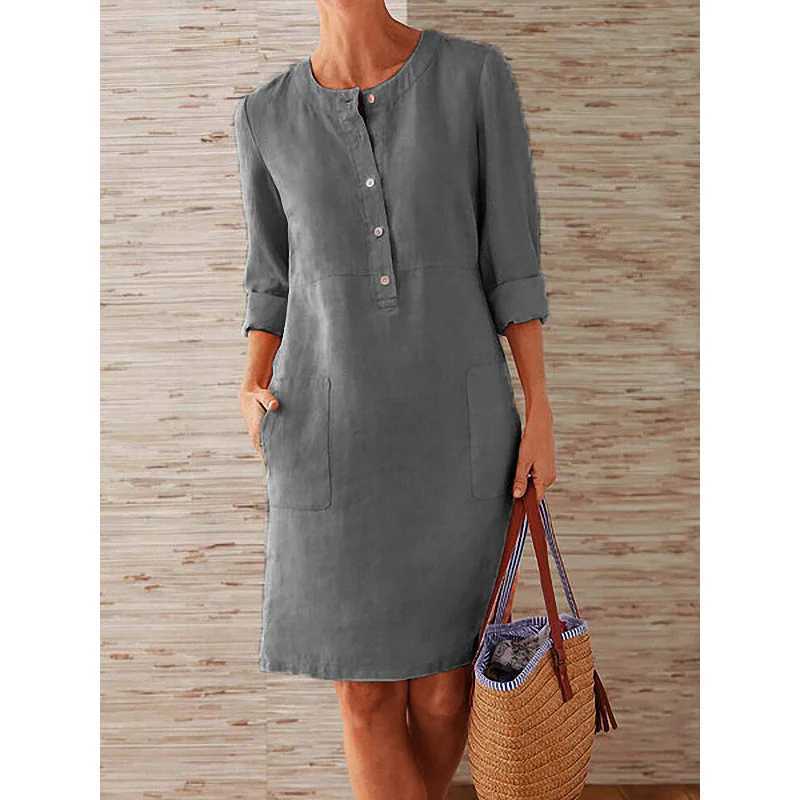 Women Casual Soild Long Sleeve Cotton And Linen Tunic Dress Vintage Straight Dress Long Sleeve Oversized Mini Knee-Length DressXJ250610