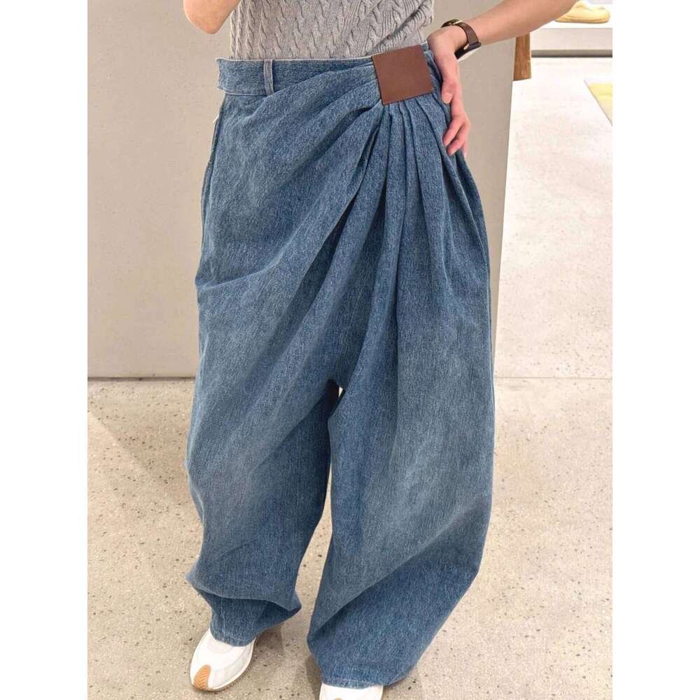 American Wide Leg Denim For Women In Spring And Autumn, Fashionable Pleated Design, Loose Floor Length Pants