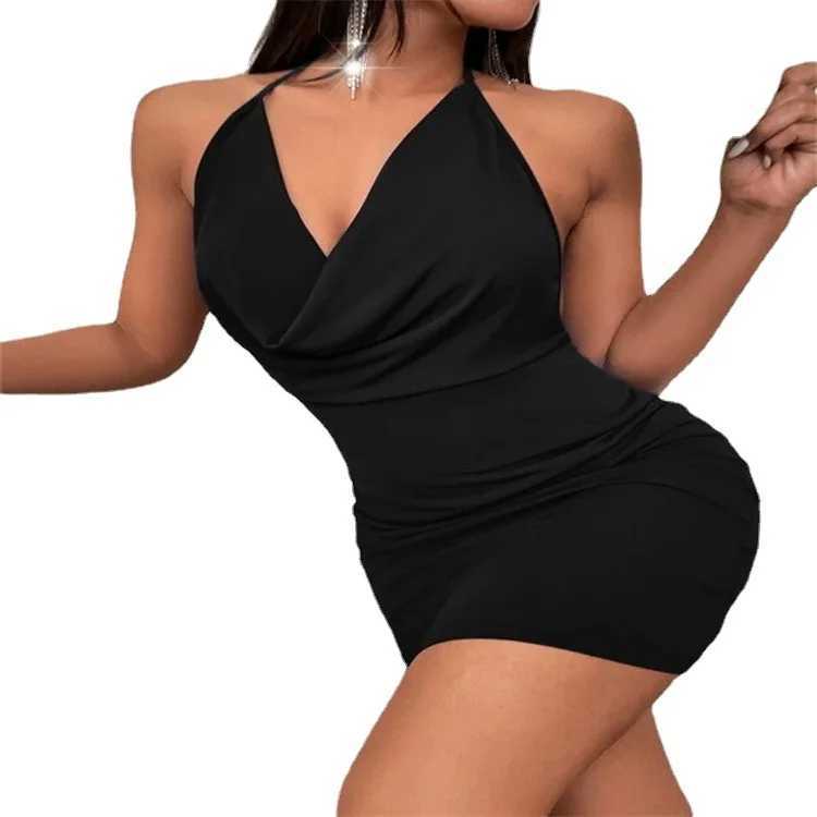 Sexy Mini Dress Lace Up Strap Pure Solid Party Club Elegant Y2K Hanging Neck Hollow Backless Strapless V Neck Elegant Evening Dress XJ250610