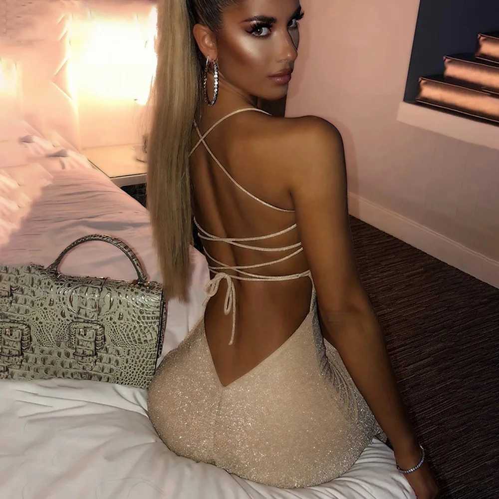 Sexy Bright Diamond Low-Neck Backless Long Dress Women Spaghetti Strap Lace Up Dresses Party Bodycon Elegant Princess Dress 2022 XJ250610