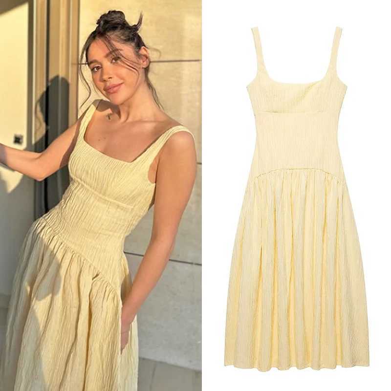 TRAF Yellow Elegant Party Dresses 2025 Womens Spring Summer Y2k Long Slip Dresses Fashion Casual Vintage Midi Dresses Vestidos XJ250610