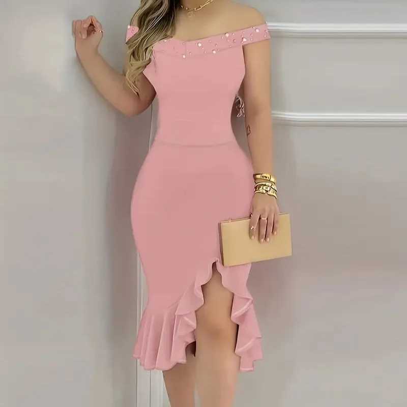 Womens Dresses New Summer Fashion Beaded Off Shoulder Ruffles Slit Hem Elegant Plain Short Sleeve Skinny Midi Party Dress XJ250610
