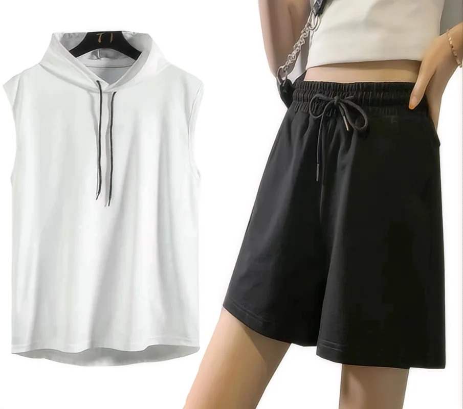 Womens sportswear set hooded sleeveless T-shirt shorts sports vest 2-piece set summer gym training hooded sweatshirt 250609