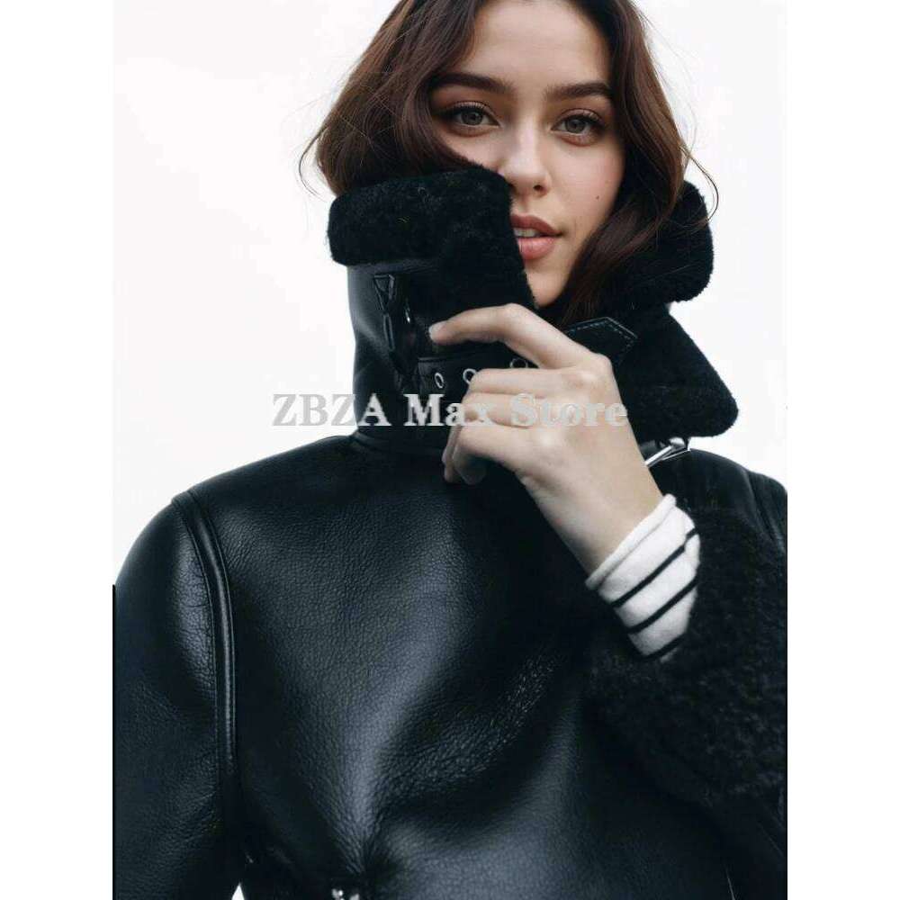 ZBZA Women Bomber Warm Jacket Coat Lapel Long Sleeve Pocket Zip Tie At Neckline Faux Leather Outerwear Fall Winter Female PU Top