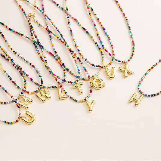 DHcollections Hot Selling Bohemian Colorful Rice Bead Bubble Letter Handcrafted Beaded Beach Necklace for Women