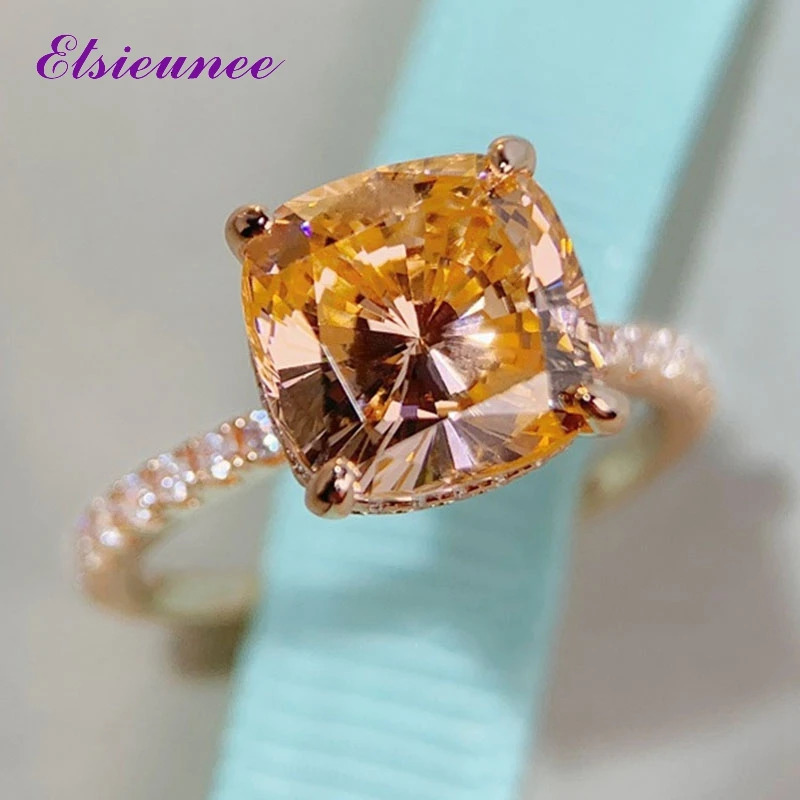 ELSIEUNEE 925 Sterling Silver 4CT Orange High Carbon Diamond Gemstone Rings for Women Rose Gold Plated Party Fine Jewelry 250610