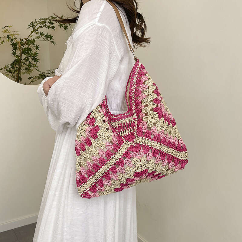 Straw Beach Tote Trendy Large Capacity Versatile Fashion Paper Rope Woven Vacation Commuter Belt Underarm Shoulder Bag Straw Large Tote