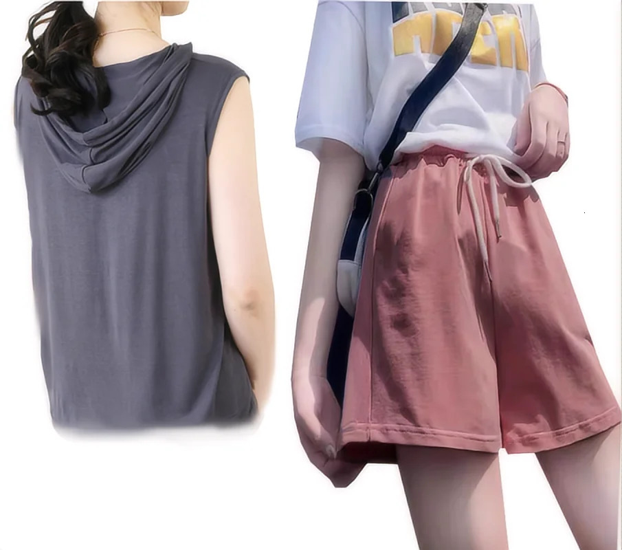 Womens sportswear set hooded sleeveless T-shirt shorts sports vest 2-piece set summer gym training hooded sweatshirt 250609