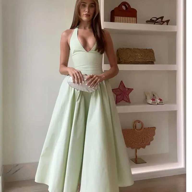 YENKYE Sexy Backless Green Elegant Halter Dress For Women Low Waist A-line Midi Summer Evening Party Dresses Cotton Robe XJ250610