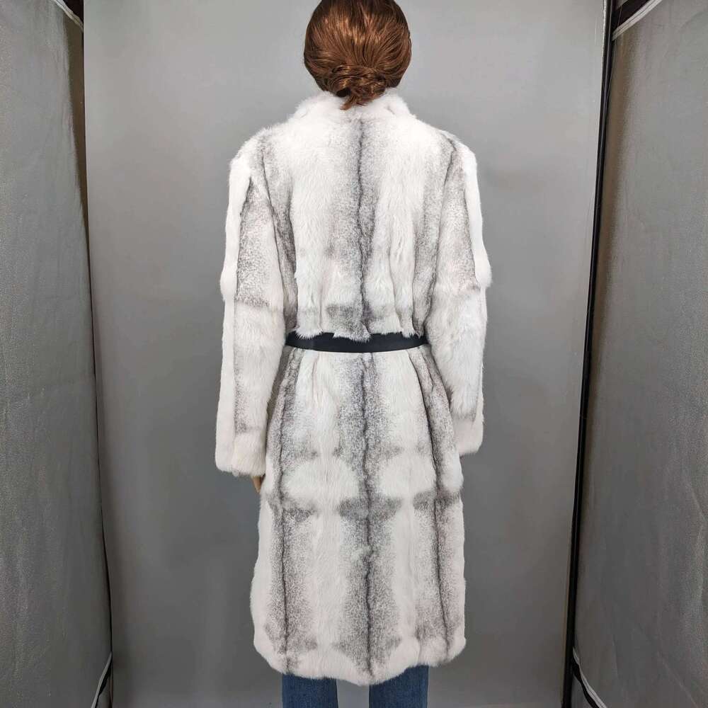Winter Long Jacket Women Real Natural Rabbit Fur A-Line Coat Thick Warm With Belt Outerwear Streetwear Casual Big Collar 240904