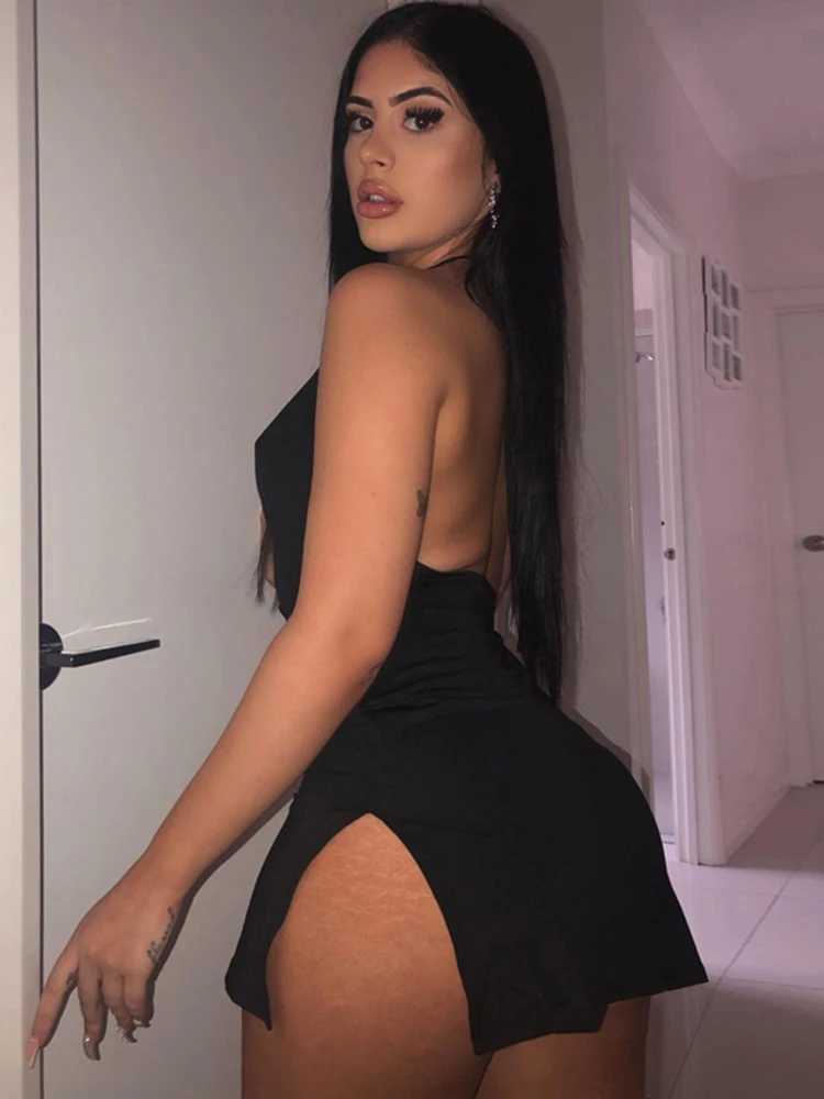 Womens Backless Skinny Sexy Dress Party Club Harajuku Summer Elegant Sleeveless Halter Bandage Slit Mini Dresses Y2K Clothing XJ250610