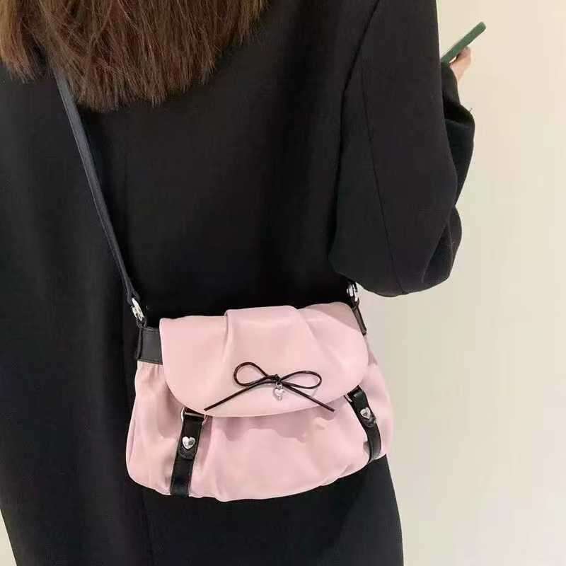 2025 New Pink Cute Girl Shoulder Fashion Versatile Bow Cloud Niche Texture Underarm Bag