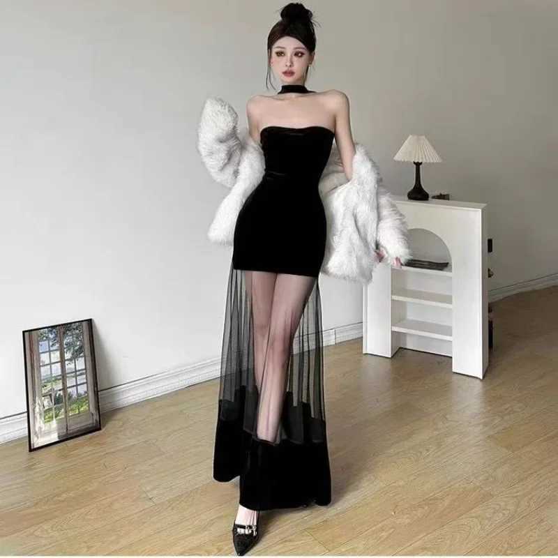 Pure Color Velvet Dress Women Sexy Birthday Party Gown Slimming Skirt Sleeveless Polyester Fiber Regular Waistline Design XJ250610