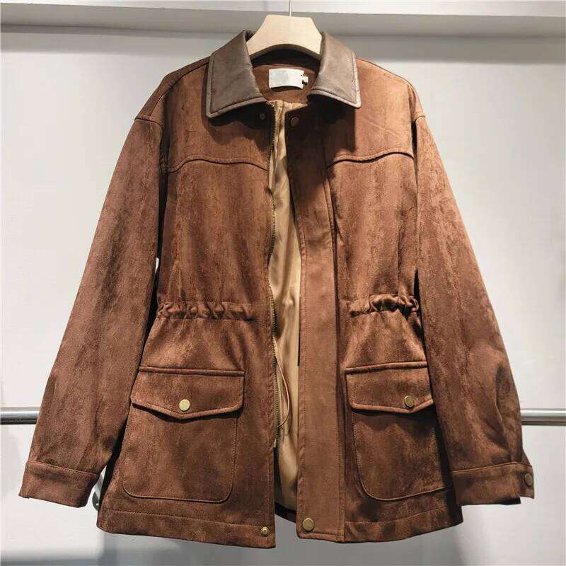 WTHT Trendy Vintage Women's Waist-slimming Suede Fabric Loose Coat 2024 Winter Turn-down Collar Long Sleeve Jacket Female 1LS609