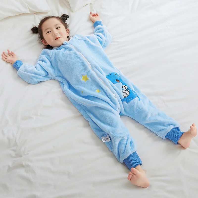 MICHLEY Blue Dinosaur Flannel Baby Kid Sleeping Bag Winter Sleepwear Cute Cartoon Bodysuit Sleepsack Pajamas With Feet Boys Girl y250610PDCN