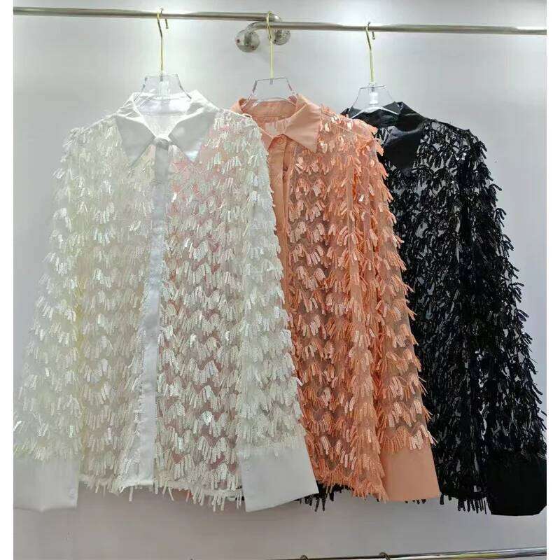 DEAT Women Shirt Loose Patchwork Sequins Single Breasted Sunscreen Perspective Thin Style Blouse Summer 2025 New Fashion 29A1147