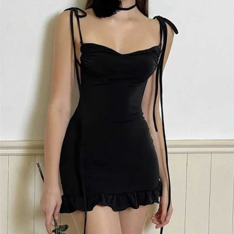 Summer Sexy Mini Dress Women Sleeveless Streetwear Strap Backless Bodycon Folds Split Dress Party Club Elegant A-LINE Dresses XJ250610