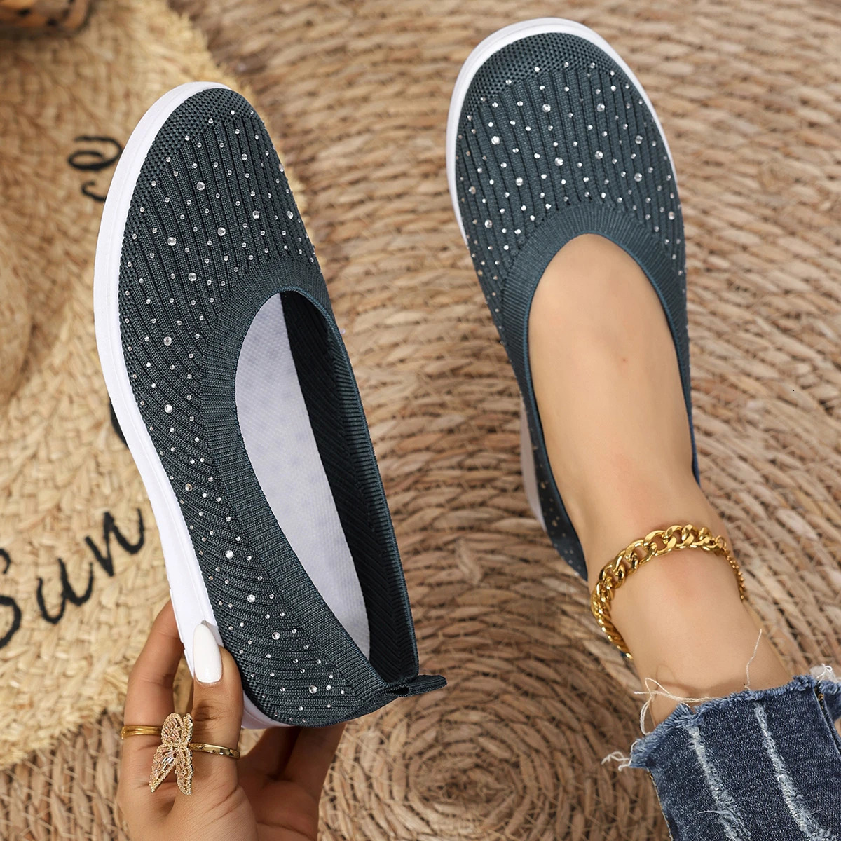 Spring/autumn Single Shoes Women Fashion Round Head Glitter Mesh Shallow Mouth Soft Casual Comfortable Flat Shoes for Women 250603