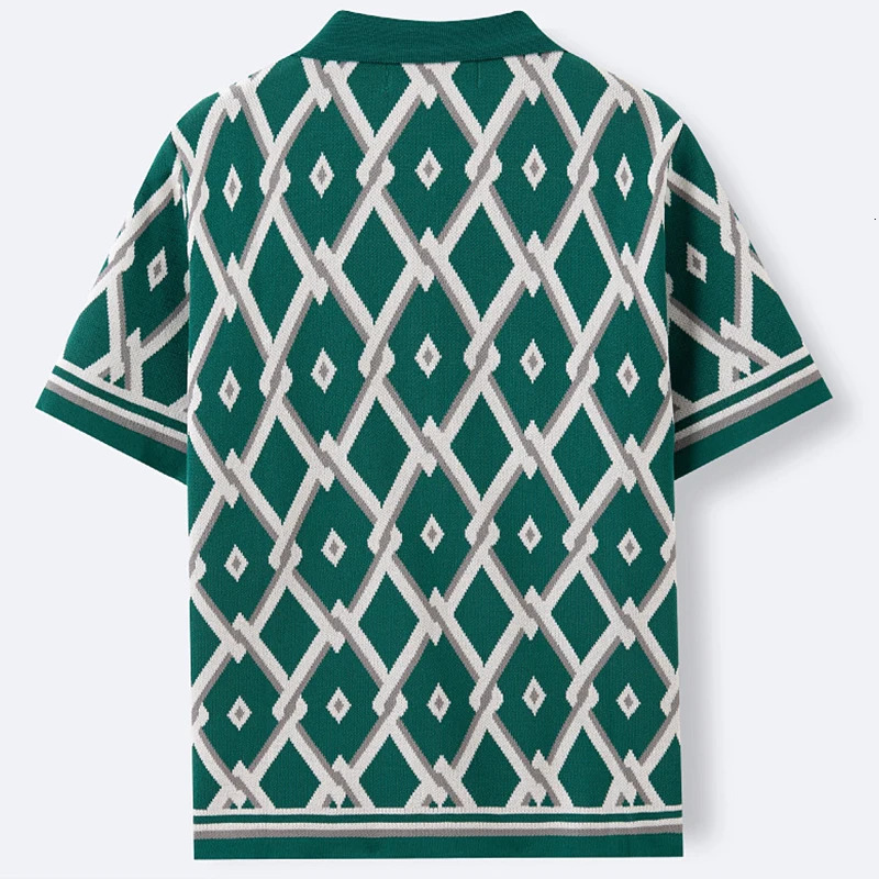 Mens Knitted Jacquard Business Polo Shirt Fashion Short Sleeve Buttondown Cardigan Vintage Leisure Knitwear Summer 250610
