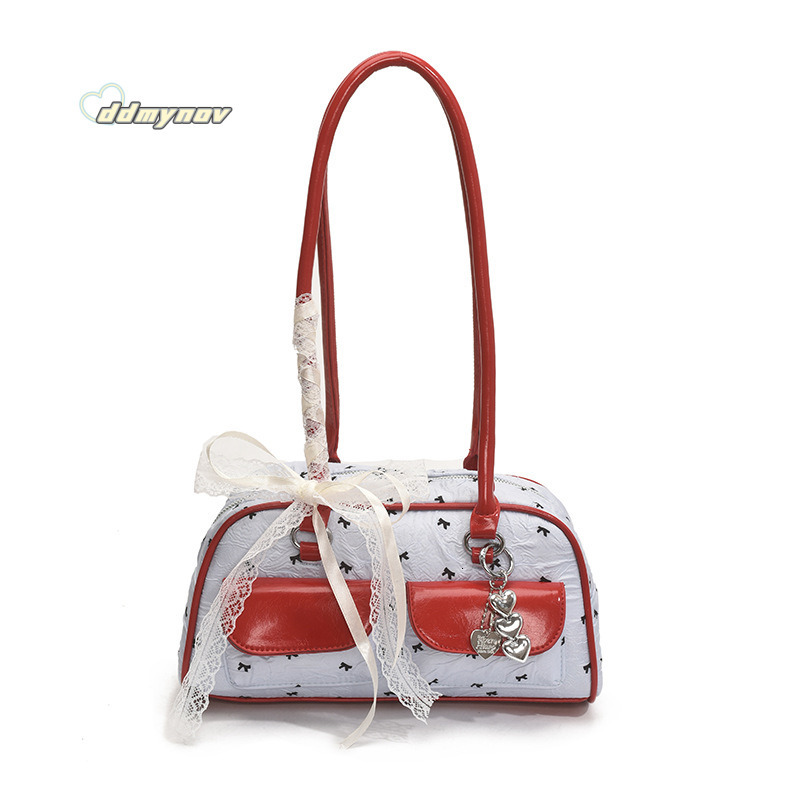 Korean Niche Bowknot Underarm Ins Double Pocket Bowling Handbag Stylish Shoulder Bag ddmynov