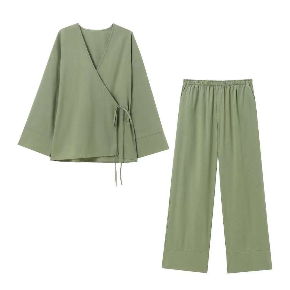 Wind Texture Double Collar Kimono Outerwear27743textured Pajama Style Pants27431set B5