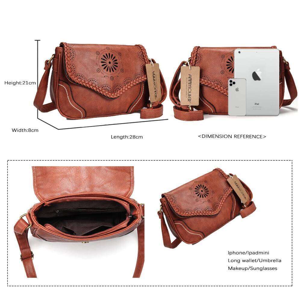 Annmouler Brand Women Shoulder Vintage Pu Leather Crossbody Hollow Out Ladies Satchel Bag Brown Retro Handbag For Girls