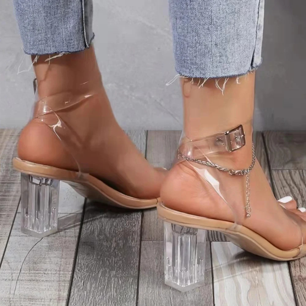 Women PVC Jelly Crystal Chunky Heel Transparent Sandals Fashion Sexy Summer High Heels Sandalias Female Pumps Zapatillas Mujer 250610