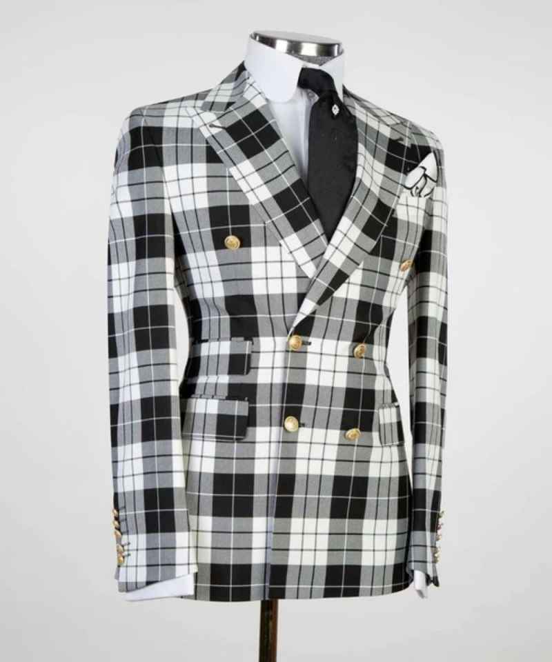 Classic Wedding Tuxedos 2 Piece Set Jacket Pants White Black Check Men Suit Vintage Groom Wear Party Evening Suits Customized
