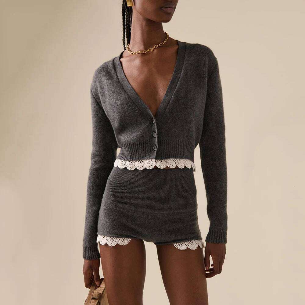 Wool Blend Women Cardigan Y2k Lace Temperament Elegant V-Neck Long Sleeve Knit Top Sweater 2025 Spring New