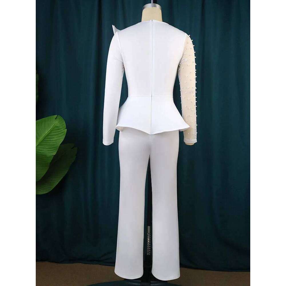 AOMEI Women Jumpsuit Vintage Beaded Long Sleeve Patchwork Mesh One Piece Romper Beading Elegant Party Birthday Event African New
