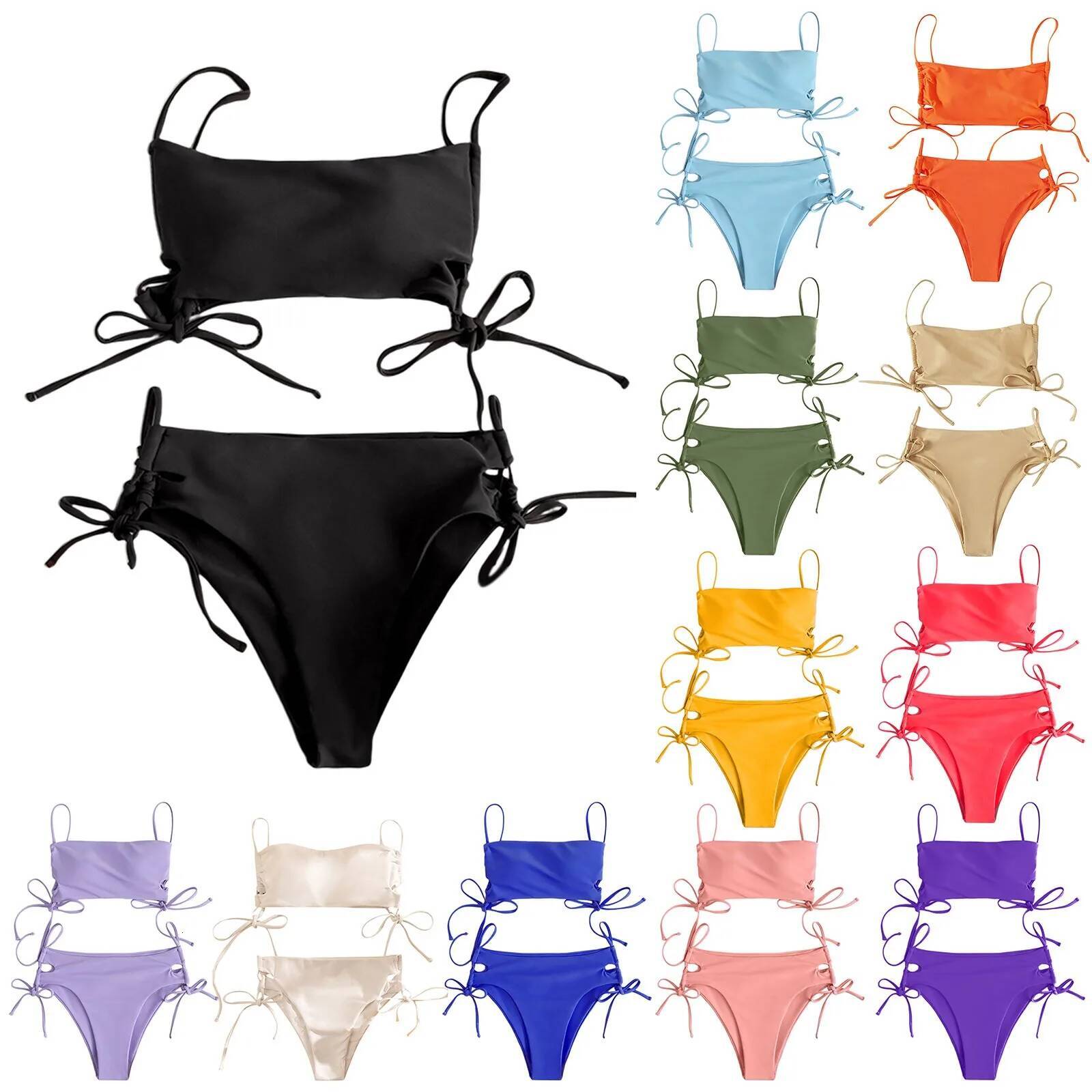 Female Swimming Screw Thread Bikini Set 2 Pieces Beach Suit Women Sport Bra With Triangle Shorts