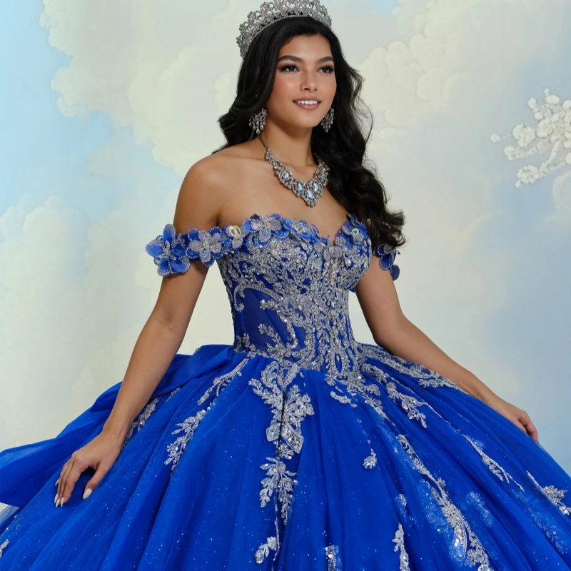 Blue Shiny Quinceanera Dresses Ball Gown Off The Shoulder Applique Lace Beading Crystal Tull Sweet 16 Dress Vestidos 15 De Anos