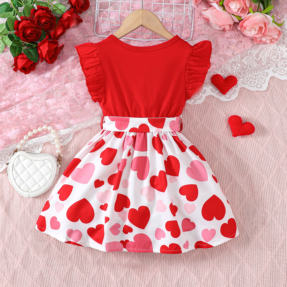 Round Neck Flying Sleeve Red Tunic With Heart Pattern For Teenage Girls In Summer